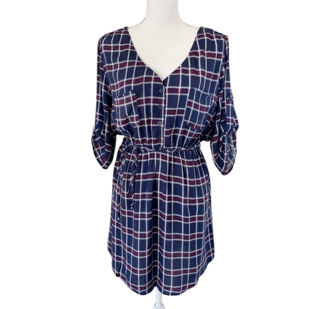 Mimi Chica NWT Navy Purple Plaid Tie Waist Shirt Mini Dress Juniors Size XL